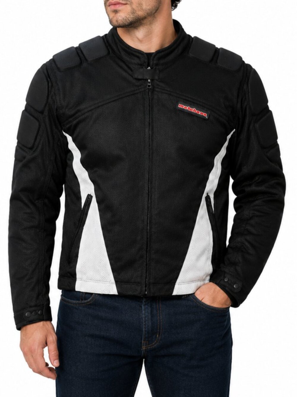 MotoBoss Mesh Armored Motorcycle Jacket Men's Tall Large Black White Riding - Picture 2 of 14